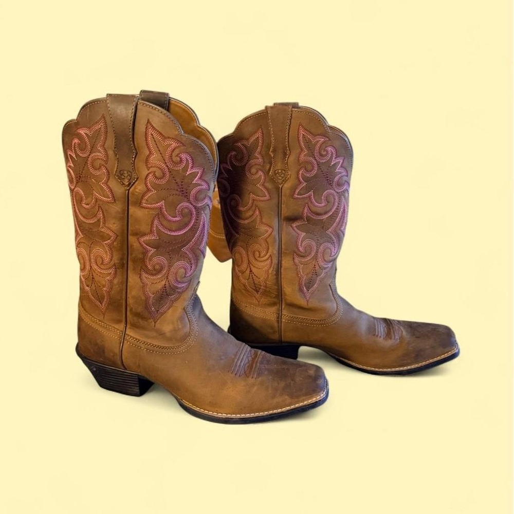 Ariat Brown Leather Western Cowboy Boots Pink Embroidery Square Toe Boots